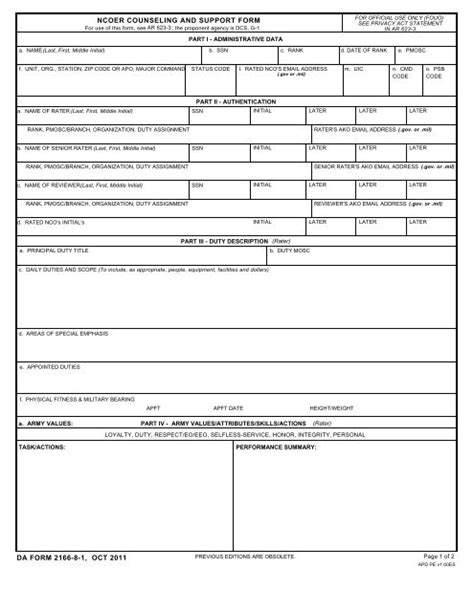 Ncoer Counseling And Support Form Da Form 2166 8 1 Oct 2011