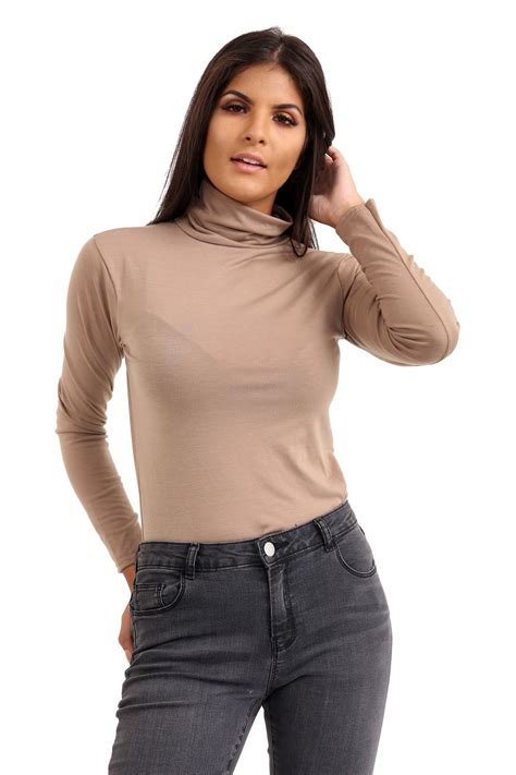 New Womens Plain Turtle Polo Neck Long Sleeve Basic Stretchy Jumper T