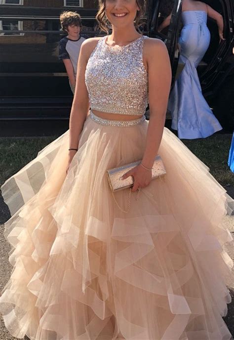 Two Piece Prom Dresses Champagne Organza Ruffle Ball Gowns Prom