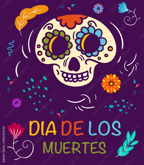 Dia De Los Muertos Banner Day Of Dead Colorful Skull With Flowers And