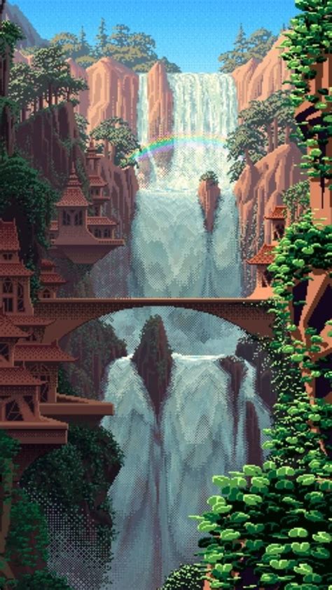 Serene Pixel Waterfall Iphone Wallpaper Pixel Art Landscape Fantasy