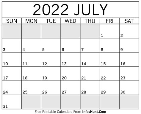 Calendar 2022 July Month Calendar Printable