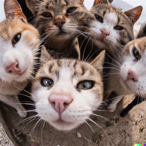 A Fisheye Photo Of Many Cats Poking Their Nose Into The Camera Dalle2