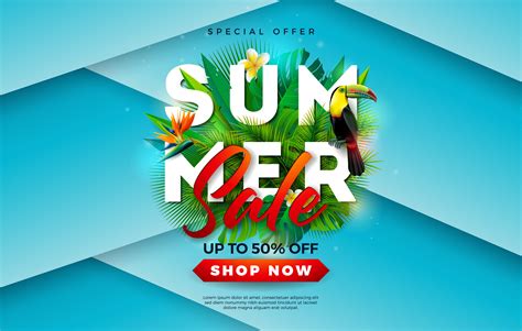 Leaves and flowers tea discount code. Summer Sale Design with Flower, Toucan Bird and Tropical ...