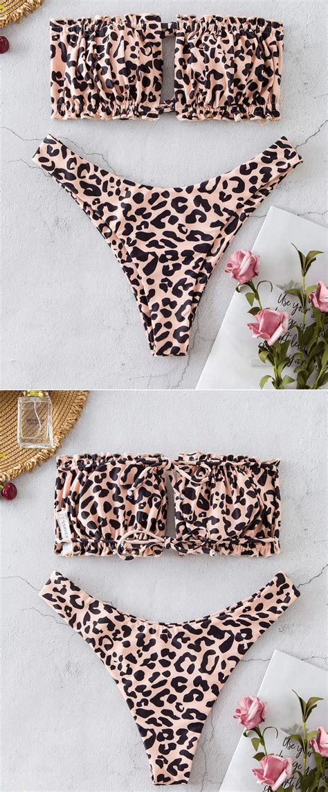 Zaful Animal Print Frilled Tie Bandeau Bikini Swimsuit Leopard