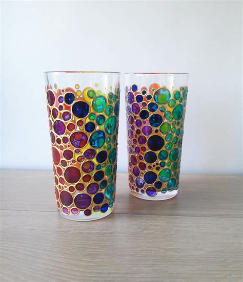 Rainbow Drinking Glasses Set Of 2 Couple Glass Hand Painted Etsy Uk