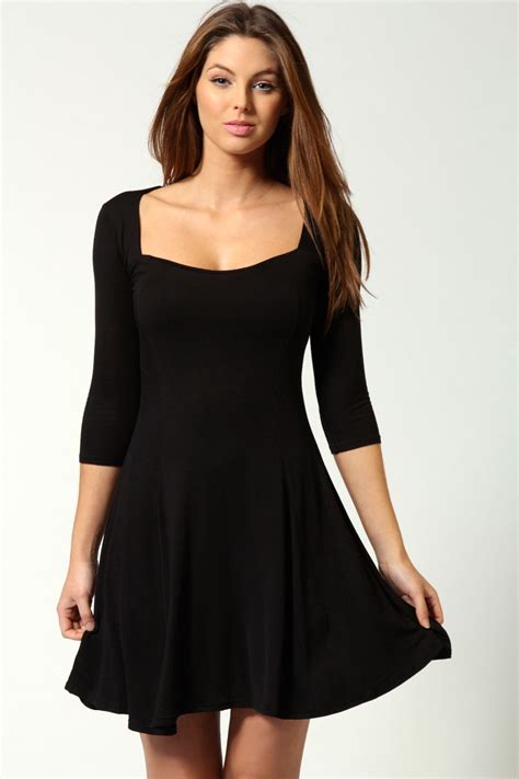 Boohoo Womens Ladies Myla Sweetheart Neck 34 Sleeve Skater Dress Ebay