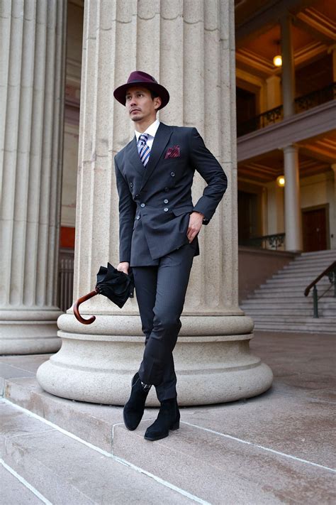 Double breasted dark gray suit + striped tie + burgundy ...