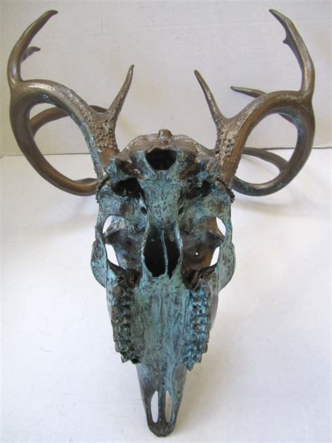 Deer Skull And Antlers Bronze Painted Natural Aqua Patina