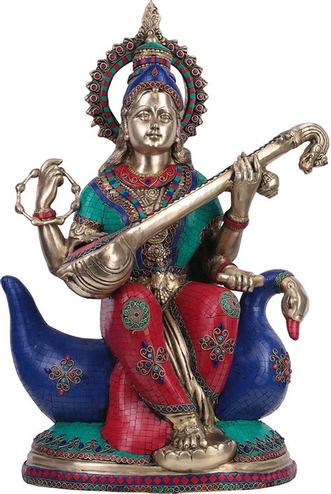 Exotic India Goddess Saraswati Seated On A Swan Brass Statue Multi Color Home