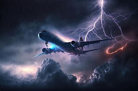 Premium Ai Image Plane Flying During Thunderstorm Lightning Strikes