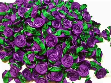 purple roses pink flower appliques offray flat ribbon rose satin flowers x 10 pieces purple