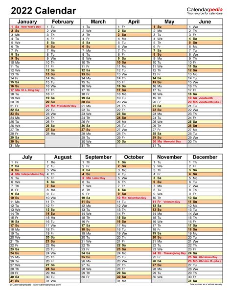 2022 Calendar Printable One Page 2022 Yearly Calendar Kebun Teh