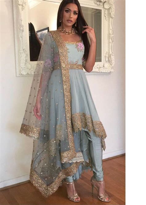 indian bollywood bambi bains dusty blue georgette suit with heavy embroidered duppatta or scarf