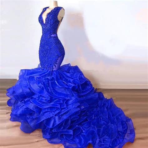 Luxury Royal Blue Lace Beaded Mermaid Prom Dresses 2020 Puffy Bottom Ruffles Long Prom Gowns
