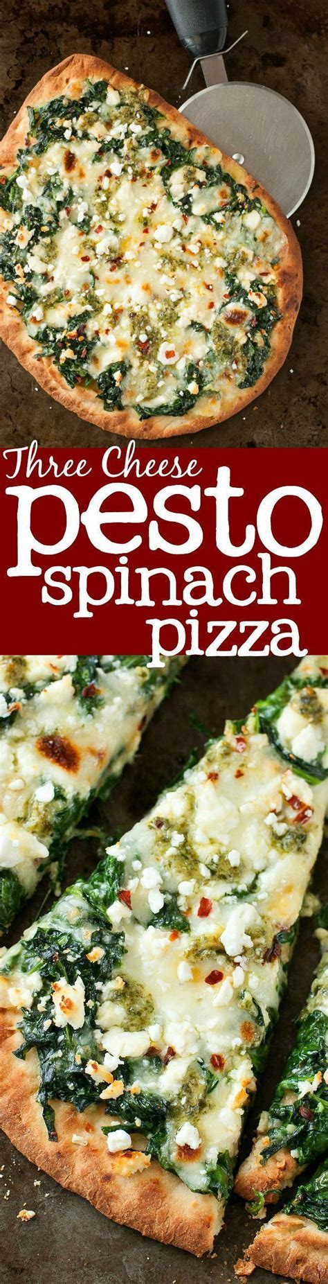 Wash and dry the fresh produce. Three Cheese Pesto Spinach Flatbread Pizza Recipe - Peas ...