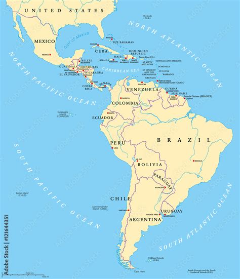 Latin America Political Map With Capitals National Borders Rivers My