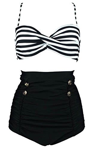 Cocoship Black And White Stripe High Waisted Bikini Buttons Vintage