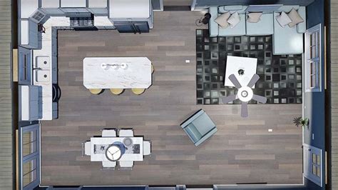 An Overhead View Of A Kitchen And Living Room In A Small Apartment With