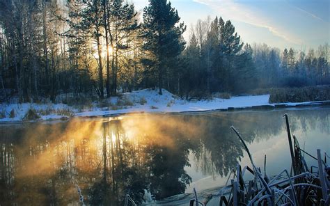 Wallpaper Winter Morning River Snow Trees Sun Rays 1920x1200 Hd