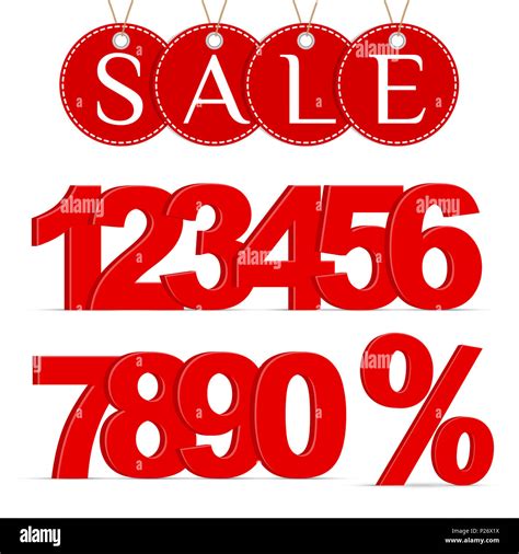3d Red Percent Sign Numbers 0 9 And A Sale Labels Isolated On White