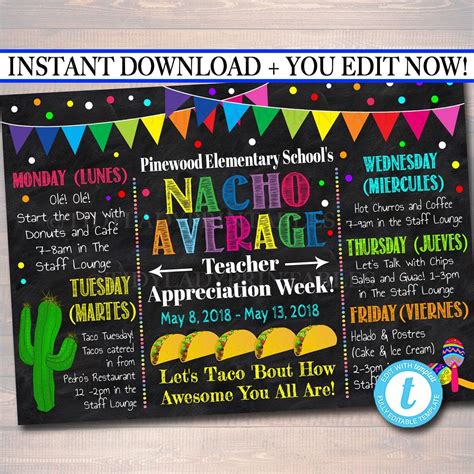 Nacho Average Teacher Appreciation Week Itinerary Poster Fiesta Theme