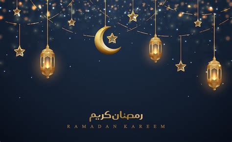 Ramadán Kareem Con Linternas Doradas Y Luna Dorada Vector Premium
