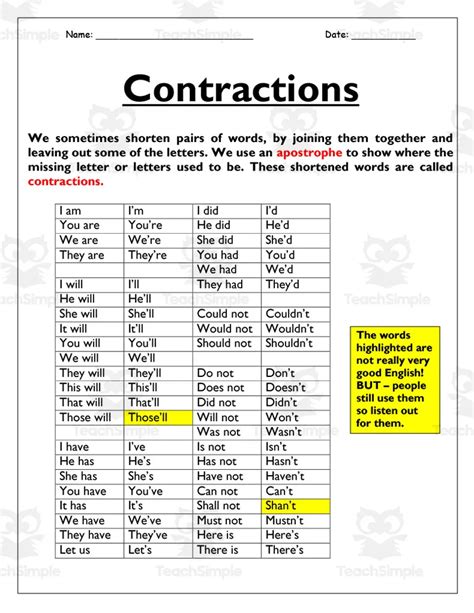 Contractions Worksheet By Teach Simple