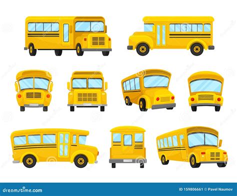 The Set Of Illustrations Of Nine Yellow School Buses In Different