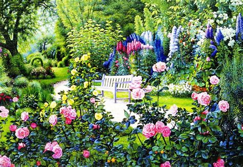 Peaceful Place Flowers Bench Blossoms Park Roses Artwork Hd