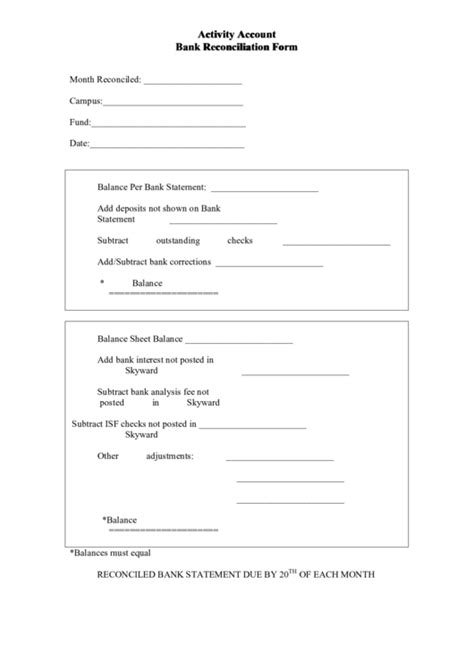 Activity Account Bank Reconciliation Form Printable Pdf Download