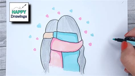 How To Draw Two Best Friends Hugging Bff Happy Drawings Youtube