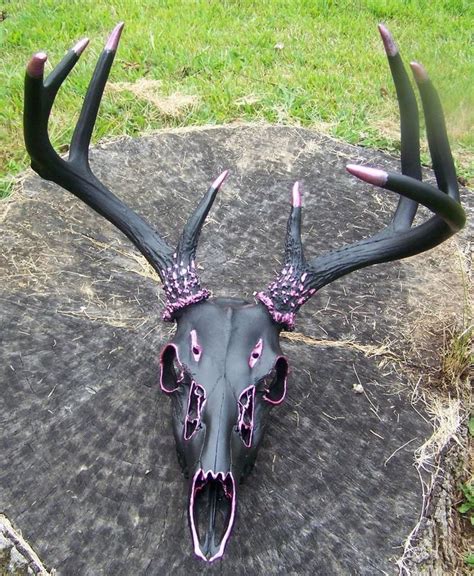 Hand Painted European Deer Skull Mount W Antlers Black And Pink