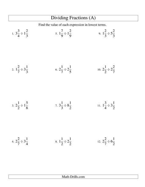 The goal is to get the numerator (top number) and denominator these can also be referred to as reducing fractions worksheets as well. Dividing and Simplifying Mixed Fractions with Three Terms ...