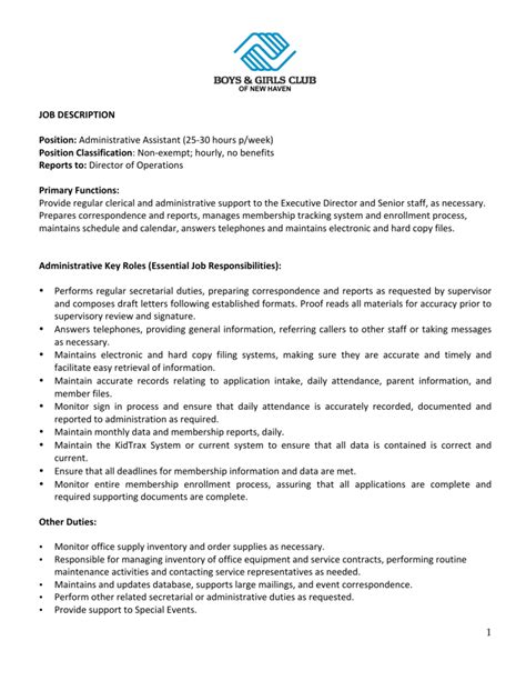 Comprehensive administrative assistant job description. 1 JOB DESCRIPTION Position: Administrative Assistant (25