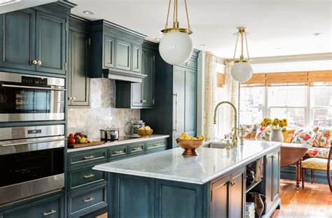 Blue Kitchen Cabinets With Gold Hardware Transitional