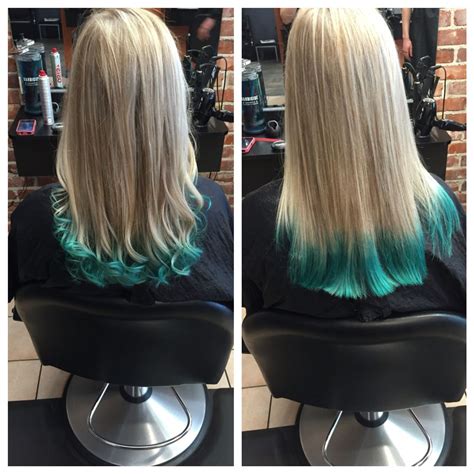 Teal Green Balayage Tips On Blonde Hair Blue Tips Hair