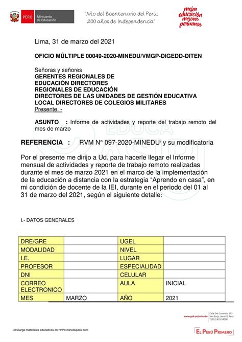 Modelo Informe De Actividades Y Reporte De Trabajo Remoto Mes De Marzo