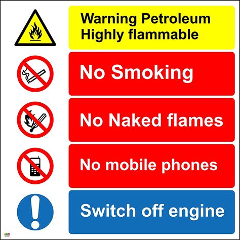 Warning Petroleum Highly Flammable No Smoking No Naked Flames No Mobile Phones Switch Off Engine