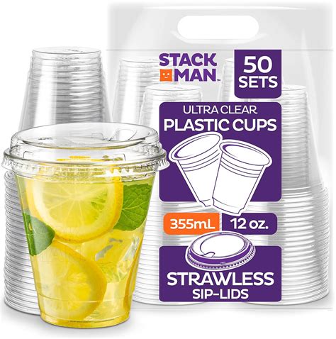 12 Oz Clear Cups With Strawless Sip Lids 50 Sets Pet Crystal Clear