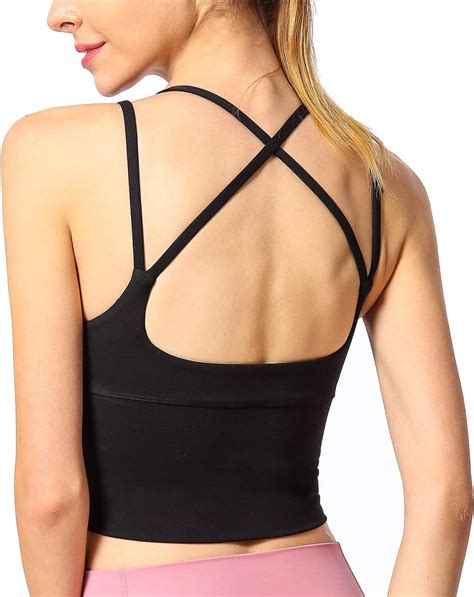 Womens Padded Longline Sports Bra Crop Tank Tops Strappy Workout Camisole Bras Support Yoga Top