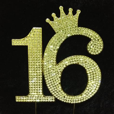 Gold Rhinestone Monogram Bling Cake Toppers Number 16 With Tiara Crown