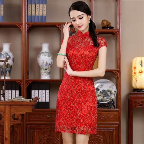 Buy Red Lace Chinese Traditional Style Mini Dress