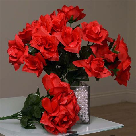 12 bushes 84 pcs red artificial silk rose flowers with green leaves