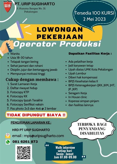 INFO LOWONGAN KERJA PT URIP SUGIHARTO DINPERINAKER Kota Pekalongan