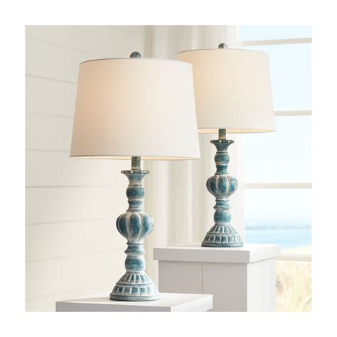 Regency Hill Traditional Table Lamps Set Of Blue Washed Tapered Drum