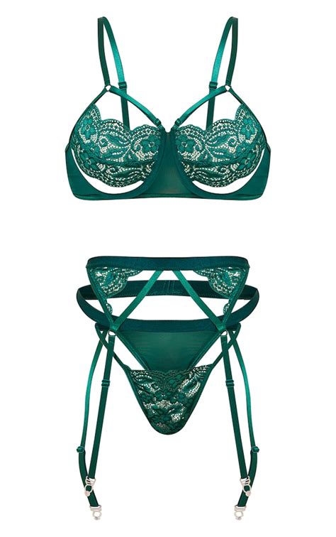 Emerald Green Harness Lace 3 Piece Lingerie Set Prettylittlething Usa
