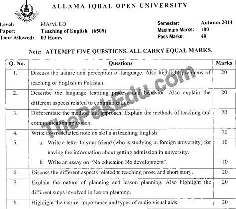 Teaching Of English Code No 6508 Autumn 2014 Aiou Old Papers