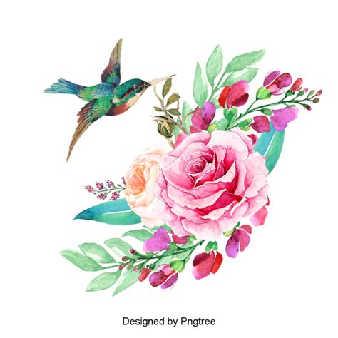 Hand Painted Flowers And Birds Design, Hand Painted, Minimalist, Animal PNG Transparent Clipart ...