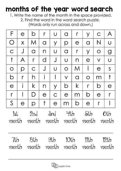 Months Of The Year Word Search Puzzle English Unite Months In A